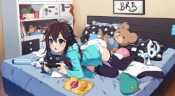 Rule 34 | 1girl, antenna hair, bag of chips, black hair, black thighhighs, blue eyes, blue jacket, blush, bottle, bow, chips (food), commentary, commission, controller, english commentary, food, food on face, full body, game controller, hair between eyes, highres, holding, hyanna-natsu, indoors, jacket, long hair, long sleeves, looking away, lying, no shoes, on bed, on side, open clothes, open jacket, original, parted lips, pillow, potato chips, shirt, solo, stuffed animal, stuffed toy, teddy bear, thighhighs, v-shaped eyebrows, water bottle, white bow, white shirt