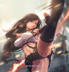 Rule 34 | 1girl, bad id, bad pixiv id, bare shoulders, black skirt, breasts, brown eyes, brown hair, clenched hand, commentary, earrings, english commentary, fighting stance, final fantasy, final fantasy vii, final fantasy vii remake, fingerless gloves, gloves, jewelry, kicking, large breasts, long hair, low-tied long hair, midriff, mitsu (mitsu art), navel, parted lips, pencil skirt, pink lips, shirt, skirt, suspender skirt, suspenders, tank top, taut clothes, taut shirt, thighs, tifa lockhart, upskirt