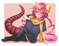 Rule 34 | 1girl, black shirt, black thighhighs, blush, breasts, dragon girl, dragon horns, dragon tail, elomil, full moon, hand up, horns, huge breasts, ilulu (maidragon), kobayashi-san chi no maidragon, long hair, looking at viewer, low twintails, moon, pink eyes, pointy ears, scarf, shirt, short sleeves, shortstack, simple background, solo, tail, thighhighs, twintails, very long hair, yellow scarf