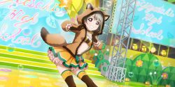 Rule 34 | 1girl, absurdres, animal ears, animal hood, artist name, artist request, bandeau, black gloves, black legwear, blush, bow, breasts, brown gloves, brown hair, brown hoodie, brown jacket, brown legwear, bubble, buttons, choker, collarbone, exciting animal (love live!), female focus, frill trim, frilled bandeau, frilled cuffs, frilled skirt, frilled sleeves, frills, fur-trimmed jacket, fur jacket, fur trim, gloves, green bow, green choker, green ribbon, grey hair, hair ornament, heart, heart (symbol), heart print, highres, hood, hood up, hooded jacket, hoodie, jacket, leaf hair ornament, leaf print, light brown hair, long sleeves, looking at viewer, love live!, love live! nijigasaki high school idol club, love live! school idol festival, love live! school idol festival all stars, miniskirt, nakasu kasumi, neck ribbon, on stage, orange bandeau, orange skirt, parted lips, pink bow, pink eyes, plaid, plaid skirt, pleated, pleated skirt, puffy long sleeves, puffy sleeves, purple eyes, raccoon costume, raccoon ears, raccoon hood, raccoon tail, ribbon, ribbon trim, short hair, skirt, small breasts, smile, solo, stage, stage lights, stairs, tail, teeth, two-tone legwear, two-tone skirt, white wrist cuffs, wrist cuffs