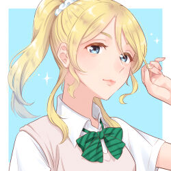 Rule 34 | 1girl, ayase eli, blonde hair, blue background, blue eyes, border, bow, bowtie, brown sweater vest, closed mouth, collared shirt, commentary request, diagonal-striped bow, diagonal-striped bowtie, diagonal-striped clothes, fingernails, green bow, green bowtie, hair between eyes, hair ornament, hair scrunchie, hand up, high ponytail, highres, holding, holding own hair, light smile, lips, long fingernails, looking at viewer, love live!, love live! school idol project, medium hair, mogggggge, otonokizaka school uniform, outside border, ponytail, portrait, school uniform, scrunchie, shirt, short sleeves, simple background, solo, sparkle, striped clothes, sweater vest, swept bangs, white border, white scrunchie, white shirt