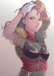 Rule 34 | 1girl, armor, brown eyes, brown hair, closed mouth, gensou suikoden, gloves, highres, long hair, looking at viewer, sakai (motomei), simple background, solo, sweat, valeria (suikoden), white gloves