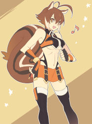 Rule 34 | 1girl, animal ears, arc system works, blazblue, blazblue: continuum shift, breasts, brown eyes, brown hair, gloves, makoto nanaya, medium breasts, midriff, musical note, orange skirt, quaver, revealing clothes, shiki (shikki46), skirt, smile, solo, squirrel ears, squirrel tail, tail, thighhighs, underboob