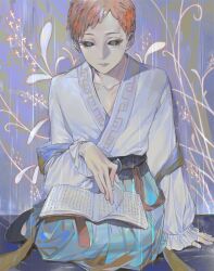 Rule 34 | 1other, ambiguous gender, black sclera, blut2000, book, colored sclera, gui fa, highres, holding, holding book, jigokuraku, looking at object, looking down, orange eyes, reading, robe, seiza, short hair, sitting, solo, white robe, yellow eyes