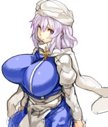 Rule 34 | 1girl, breasts, hat, huge breasts, letty whiterock, long sleeves, perky breasts, puffy long sleeves, puffy sleeves, purple eyes, purple hair, sachito, scarf, short hair, simple background, solo, touhou, white background, white scarf