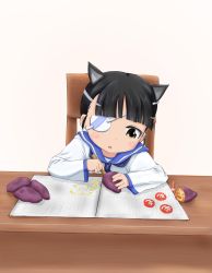 Rule 34 | 1girl, aged down, animal ears, black hair, brown eyes, carving, chair, child, desk, eyepatch, food, malmi, sailor collar, sakamoto mio, simple background, sitting, solo, strike witches, sweet potato, uniform, white background, world witches series