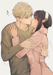 Rule 34 | !, !!, 1boy, 1girl, absurdres, artist name, black hair, blonde hair, blue eyes, blush, breasts, closed eyes, closed mouth, coat, earrings, fingernails, gold earrings, green sweater, grey background, hair between eyes, hairband, hand up, hands up, hetero, highres, hug, husband and wife, jewelry, long sleeves, looking at another, maiii (smaii i), medium breasts, pink coat, short hair, short hair with long locks, sidelocks, simple background, spy x family, standing, sweater, twilight (spy x family), white hairband, yor briar