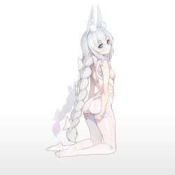 Rule 34 | 1girl, absurdres, animal ear fluff, animal ears, ass, azur lane, bare shoulders, blue eyes, bodysuit, bow, braid, breasts, from side, full body, gradient background, grey background, hair between eyes, hair bow, highres, kneeling, komi (komiking), le malin (azur lane), le malin (listless lapin) (azur lane), long hair, looking at viewer, looking to the side, no shoes, rabbit ears, small breasts, soles, solo, spread ass, twin braids, very long hair, white background, white bodysuit, white bow, white hair, wrist cuffs
