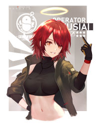Rule 34 | 1girl, arknights, artist name, aztodio, black gloves, black shirt, blush, breasts, brown eyes, character name, commentary, covered collarbone, crop top, cropped torso, english commentary, exusiai (arknights), exusiai (wild operation) (arknights), gloves, grey background, grey jacket, grin, halo, hand up, highres, index finger raised, jacket, large breasts, looking at viewer, midriff, navel, official alternate costume, open clothes, open jacket, red hair, shirt, short hair, short sleeves, sleeveless, sleeveless shirt, smile, solo, star (symbol), stomach, upper body