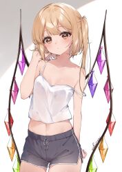 Rule 34 | 1girl, absurdres, alternate costume, black shorts, blonde hair, blush, breasts, camisole, collarbone, crystal, dolphin shorts, flandre scarlet, haruki (colorful macaron), highres, looking at viewer, midriff, navel, one side up, shorts, side slit, small breasts, solo, strap slip, touhou, white camisole, wings