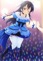 Rule 34 | 1girl, blue dress, blue hair, blush, bow, commentary request, dated, dress, earrings, full body, gloves, hair between eyes, hair bow, highres, jewelry, jumping, kira-kira sensation!, long hair, love live!, love live! school idol project, minase shuu, one eye closed, open mouth, smile, solo, sonoda umi, thighhighs, white gloves, white thighhighs, yellow eyes