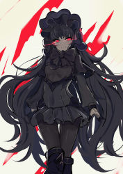 Rule 34 | 10s, 1girl, absurdres, abyssal ship, armor, armored boots, bare shoulders, black hair, bonnet, boots, detached sleeves, frilled sleeves, frills, gothic lolita, highres, horns, isolated island princess, kantai collection, lolita fashion, long hair, pale skin, pantyhose, red eyes, slm, smile, solo