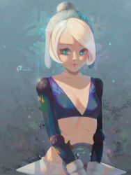 Rule 34 | 1girl, alternate costume, artist name, blue eyes, doll joints, gears, hat, highres, joints, league of legends, looking at viewer, mittens, orianna (league of legends), poro (league of legends), short hair, snowflakes, solo, standing, waterring, white hair, winter wonder orianna