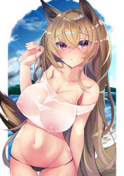 Rule 34 | 1girl, absurdres, animal ears, arknights, arm behind back, arm up, beach, bikini, black bikini, blue sky, blush, breasts, ceobe (arknights), cleavage, cloud, collarbone, commentary request, cowboy shot, crop top, day, embarrassed, female focus, highres, large breasts, long hair, looking at viewer, mountainous horizon, navel, nipples, ocean, outdoors, parted lips, red eyes, see-through, see-through shirt, shirt, sidelocks, sky, standing, swimsuit, tamano nae, thighs, very long hair, wet, wet clothes, wet shirt, white shirt