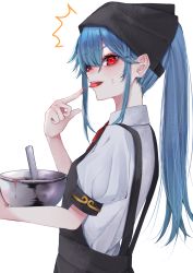 Rule 34 | 1girl, ^^^, alternate hairstyle, alternate headwear, apron, black apron, black headwear, blue hair, blush, bowl, breasts, chocolate, commentary request, from side, head scarf, highres, hinanawi tenshi, holding, holding bowl, licking, licking finger, long hair, looking at viewer, mixing bowl, ponytail, profile, puffy short sleeves, puffy sleeves, red eyes, red neckwear, shirt, short sleeves, sidelocks, simple background, small breasts, solo, spoon, sweat, tongue, tongue out, touhou, tsune (tune), upper body, white background, white shirt
