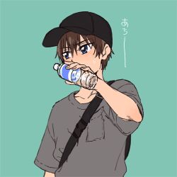 Rule 34 | 1boy, baseball cap, blue background, blue eyes, blush, bottle, breast pocket, brown hair, commentary request, delicious party precure, grey shirt, hat, highres, male focus, pocket, precure, shinada takumi, shirt, solo, sweat, water bottle, yufu kyouko