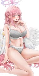 Rule 34 | 1girl, absurdres, angel wings, barefoot, blue archive, blush, bra, breasts, cleavage, crescent, crescent pin, feathered wings, fte (fifteen 199), grey bra, grey panties, halo, highres, large breasts, long hair, looking at viewer, mika (blue archive), open mouth, panties, pink hair, pink halo, simple background, smile, solo, underwear, white background, white wings, wings, yellow eyes