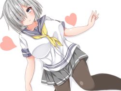 Rule 34 | 10s, 1girl, :t, black pantyhose, blue eyes, blush, breasts, grey skirt, hair ornament, hair over one eye, hairclip, hamakaze (kancolle), heart, kantai collection, large breasts, neckerchief, no gloves, pantyhose, pikacchi, pleated skirt, pout, school uniform, serafuku, short hair, short sleeves, silver hair, skirt, solo, white background, yellow neckerchief