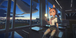 Rule 34 | 1girl, :o, absurdres, amigo (hua cao), animal ear fluff, black neckerchief, black skirt, bracelet, brown eyes, chinese commentary, choker, city, classroom, cloud, cloudy sky, commentary request, desk, evening, flying whale, highres, holding, jewelry, light bulb, long hair, looking up, neckerchief, night, on desk, orange hair, original, red neckerchief, scenery, shirt, sitting, on desk, skirt, sky, solo, thighhighs, uniform, whale, white shirt, white thighhighs