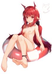 Rule 34 | 1girl, arknights, barefoot, blush, breasts, feet, female focus, full body, hair ornament, hairclip, highres, horns, innertube, long hair, looking at viewer, low twintails, nahaki, nipples, nude, orange eyes, parted lips, pointy ears, red hair, red horns, simple background, sitting, small breasts, soles, solo, swim ring, toes, twintails, vigna (arknights), white background