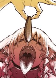 Rule 34 | 1girl, animal collar, animal ears, aohada bocchi, closed eyes, collar, demon girl, eating, feeding, food, food on hand, ganko (aohada bocchi), hand up, hatching (texture), highres, long tongue, meat, open mouth, sharp teeth, sketch, teeth, tongue, tongue out, twintails, upper body, wolf girl, zyugoya
