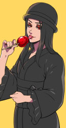 Rule 34 | 1other, :p, androgynous, black hair, black headwear, black kimono, candy apple, cowboy shot, food, guilty gear, guilty gear strive, guilty gear strive x tower records, highres, holding, holding food, japanese clothes, kimono, kitsune23star, long hair, long sleeves, looking at viewer, official alternate costume, other focus, red eyes, red nails, smile, summer festival, testament (guilty gear), tongue, tongue out, wide sleeves, yellow background, yukata
