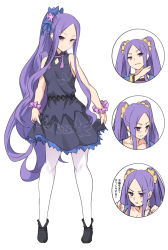 Rule 34 | 1girl, :t, alternate costume, bare arms, bare shoulders, black footwear, blush, bow, breasts, dress, fate/grand order, fate (series), full body, hair ornament, long hair, looking at viewer, multiple views, pantyhose, parted bangs, ponytail, purple dress, purple eyes, purple hair, shiseki hirame, small breasts, smile, translation request, twintails, very long hair, white pantyhose, wu zetian (fate), wu zetian (formal dress) (fate)