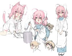Rule 34 | 4girls, :d, ahoge, animal ear fluff, animal ears, apron, bare shoulders, blue kimono, blush, blush stickers, brown hair, camisole, cat ears, cat girl, cat tail, closed eyes, closed mouth, collarbone, cooking pot, drawing tablet, dress, finger to mouth, head scarf, holding, holding stylus, japanese clothes, kappougi, kemonomimi mode, kimono, ladle, long hair, mother and daughter, multiple girls, multiple views, nose blush, off shoulder, open clothes, open mouth, open shirt, original, pacifier, pink eyes, pink hair, red eyes, running, shiodome oji, shirt, simple background, smile, stylus, tail, translation request, white apron, white background, white camisole, white dress, white shirt