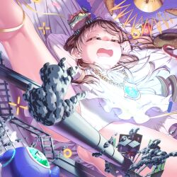 Rule 34 | 1girl, 2others, brown hair, candy, candy cane, doughnut, dreaming nemleria, duel monster, eater of millions, food, gameplay mechanics, highres, linkuriboh, monster, multiple others, neo libra, panties, pantyshot, railroad tracks, railway gun, sleeping, superdreadnought rail cannon gustav max, underwear, white panties, yu-gi-oh!