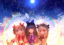 Rule 34 | 3girls, black bow, black bowtie, black hair, blue bow, blue eyes, bow, bowtie, brown eyes, cloud, commentary, hair bow, headdress, highres, long hair, long sleeves, looking at viewer, luna child, moenoki, multiple girls, open mouth, orange hair, outdoors, rainbow, red eyes, star sapphire, sunny milk, symbol-only commentary, touhou, touhou sangetsusei, two side up, upper body, white headwear, wings, yellow wings