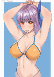 Rule 34 | 1girl, armpits, arms behind head, arms up, ayane (doa), bikini, blush, breasts, dated, dead or alive, headband, large breasts, looking at viewer, purple hair, red eyes, short hair, smile, solo, swimsuit, yellow bikini, zenkou