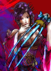 Rule 34 | 1girl, breasts, claws, cleavage, female focus, hair ornament, japanese clothes, kimono, nouhime, purple eyes, purple hair, sengoku musou, sengoku musou 3, short hair, solo, tiyausi