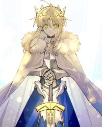 Rule 34 | 1girl, ahoge, armor, artoria pendragon (fate), artoria pendragon (lancer) (fate), blonde hair, blue dress, breastplate, cape, commentary request, crown, dress, excalibur (fate/stay night), fate/grand order, fate (series), fur collar, green eyes, hair between eyes, highres, lion king (lancer) (fate), nayu tundora, sidelocks, solo, white background, white cape, white fur