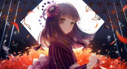 Rule 34 | 1girl, air bubble, asa no ha (pattern), autumn leaves, bad id, bad pixiv id, blunt bangs, braid, brown eyes, brown hair, bubble, commentary request, flower, from side, hair flower, hair ornament, hair rings, hair stick, hime cut, japanese clothes, kimono, long hair, long sleeves, motion blur, multicolored hair, original, pabo, petals, pinky out, purple hair, side braid, sidelocks, smile, solo, streaked hair, string, string of fate, striped clothes, striped kimono, vertical stripes, water