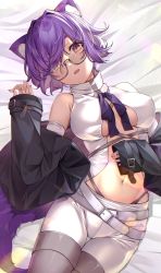 Rule 34 | 1girl, animal ear fluff, animal ears, bed sheet, belt, belt buckle, black jacket, breasts, breasts apart, buckle, center opening, commentary request, cowboy shot, detached sleeves, eyes visible through hair, glasses, grey thighhighs, hair over one eye, hand on own stomach, highres, izumi kei, jacket, large breasts, long sleeves, looking at viewer, lying, navel, off shoulder, on back, open clothes, open jacket, original, parted lips, purple hair, red eyes, semi-rimless eyewear, shirt, short hair, shorts, sleeves past wrists, solo, stomach, tail, thick eyebrows, thighhighs, white belt, white shirt, white shorts