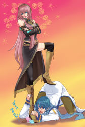 Rule 34 | 1boy, 1girl, bad id, bad pixiv id, blue eyes, boots, crossed arms, femdom, food, ice cream, kaito (vocaloid), knee boots, long hair, megurine luka, nayu, pink hair, thighhighs, top-down bottom-up, vocaloid