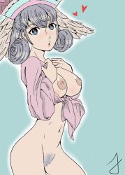 Rule 34 | 1girl, blue eyes, breasts, female pubic hair, grey hair, head wings, heart, heart-shaped pupils, highres, large breasts, melia antiqua, nipples, pubic hair, simple background, solo, symbol-shaped pupils, wings, xenoblade chronicles (series), xenoblade chronicles 1