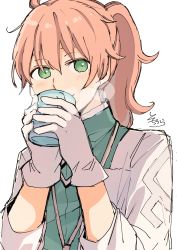 Rule 34 | 1boy, 2hands1cup, absurdres, blush, brown hair, closed mouth, cup, fate/grand order, fate (series), gloves, green eyes, green shirt, hair between eyes, highres, holding, holding cup, lab coat, long hair, long sleeves, looking at viewer, male focus, open clothes, ponytail, romani archaman, shirt, signature, simple background, smile, sofra, solo, steam, upper body, white background, white gloves, yunomi