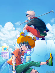 Rule 34 | 2boys, alternate costume, bad id, bad pixiv id, bakugou katsuki, bandaged arm, bandages, black shirt, blue eyes, boku no hero academia, building, cloud, commentary request, copyright request, day, foot up, freckles, goggles, goggles on head, green footwear, green hair, green pants, hamster hat, holding, holding weapon, jewelry, looking at viewer, male focus, midoriya izuku, multiple boys, necklace, orange shirt, outdoors, pants, red pants, shirt, shoes, sitting, skull necklace, sky, sneakers, spiked hair, squatting, star (symbol), t-shirt, tonomayo, twitter username, watch, weapon, wristwatch, yellow footwear