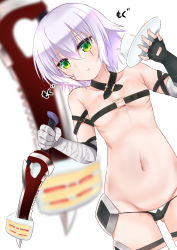 Rule 34 | 1girl, :t, arm belt, bandaged arm, bandages, bare shoulders, belt, belt bra, black belt, black gloves, black panties, blurry, blurry background, blush, breasts, cameltoe, closed mouth, commentary request, dagger, dutch angle, eating, facial scar, fate/apocrypha, fate/grand order, fate (series), fingerless gloves, gloves, green eyes, groin, hair between eyes, head tilt, highres, holding, holding dagger, holding knife, holding plate, holding weapon, jack the ripper (fate/apocrypha), knife, looking at viewer, lowleg, lowleg panties, mint (cerbi), navel, panties, plate, purple hair, reverse grip, scar, scar across eye, scar on cheek, scar on face, single glove, small breasts, solo, translation request, underwear, weapon