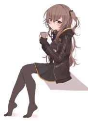 Rule 34 | 1girl, absurdres, black jacket, black pantyhose, black skirt, brown eyes, brown hair, cup, feet, flat chest, girls&#039; frontline, grey hair, highres, holding, holding cup, jacket, kahlua (artist), no shoes, one side up, pantyhose, scar, scar across eye, scar on face, shirt, skirt, soles, tears, ump45 (girls&#039; frontline), white background, white shirt