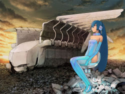 Rule 34 | 1girl, bare shoulders, blue hair, dress, elbow gloves, gloves, guitar (guitars), hatsune miku, long hair, science fiction, sitting, solo, spacecraft, strapless, strapless dress, thighhighs, tube dress, twintails, vocaloid