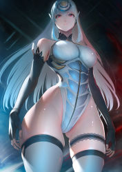 Rule 34 | 1girl, android, bare shoulders, black gloves, blue hair, breasts, elbow gloves, eyelashes, fingerless gloves, fingernails, forehead protector, from below, gloves, hair intakes, highleg, highleg leotard, highres, imizu (nitro unknown), kos-mos, large breasts, leotard, long hair, looking at viewer, looking down, red eyes, skindentation, solo, steam, thighhighs, thighs, white leotard, white thighhighs, xenosaga, zipper