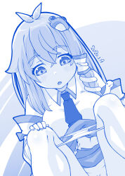 Rule 34 | 1girl, antenna hair, blue theme, blush, breasts, collared shirt, commentary request, dated, detached sleeves, feet out of frame, frog hair ornament, hair between eyes, hair ornament, kei jiei, kochiya sanae, large breasts, long hair, looking down, monochrome, necktie, open mouth, panties, panty pull, shirt, sidelocks, single hair tube, sleeveless, sleeveless shirt, snake hair ornament, solo, squatting, touhou, underwear
