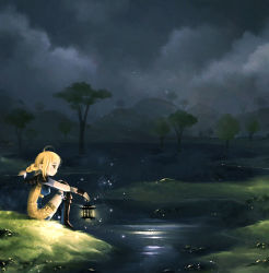 Rule 34 | 00s, 1girl, ahoge, braid, female focus, final fantasy, final fantasy xii, from side, jumpsuit, lantern, nature, night, outdoors, penelo, romper, sitting, sky, solo, tree, water, wednesday (myeongi)