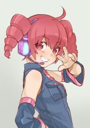Rule 34 | 1girl, ahoge, black shirt, buttons, collared shirt, commentary request, detached sleeves, drill hair, from side, grin, hand on own hip, hand up, headphones, highres, kasane teto, looking at viewer, looking to the side, microphone, red eyes, red hair, rn10r, shirt, sideways glance, sleeveless, sleeveless shirt, smile, solo, twin drills, upper body, utau, v-shaped eyebrows, w