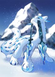 absurdres animal_ears blue_eyes blue_sclera blue_sky broken broken_sword broken_weapon chien-pao closed_mouth colored_sclera creatures_(company) fangs game_freak highres ice ice_crystal looking_at_viewer mountain mountainous_horizon nintendo no_humans pokemon pokemon_(creature) shadow sky snow snow_leopard snow_leopard_tail sword weapon yasaikakiage