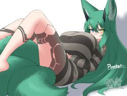 Rule 34 | 1girl, animal ear fluff, animal ears, bandaid, bandaid on face, bandaid on nose, bare legs, blue eyes, breasts, closed mouth, colored eyelashes, commission, dated, dot mouth, duman, fox ears, fox tail, green hair, green tail, heterochromia, highres, horns, huge breasts, leg tattoo, long hair, lying, multiple tails, naked sweater, off-shoulder sweater, off shoulder, orange eyes, original, phantasy star, phantasy star online 2, protagonist (pso2), signature, skeb commission, striped clothes, striped sweater, sweater, tail, tattoo, thighs, tsutsune (pyobbo), very long hair, yoshida hideyuki