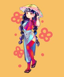 Rule 34 | 1girl, absurdres, ajirogasa, black hair, braid, buttons, clothes writing, cloudytian, dress, grey dress, hat, hidden star in four seasons, highres, long earlobes, long hair, orange background, red eyes, red thighhighs, sandals, simple background, solo, standing, standing on one leg, thighhighs, touhou, twin braids, yatadera narumi