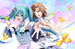 Rule 34 | 2girls, absurdres, aqua eyes, aqua hair, aqua necktie, armpits, back-to-back, bare shoulders, belt, black belt, blurry, breasts, brown hair, clover, clover hair ornament, collared dress, commentary request, cupping hand, depth of field, detached sleeves, diamond (gemstone), diamond hair ornament, dot nose, dress, gem, gradient background, gradient sleeves, grey eyes, grey sleeves, hair between eyes, hair ornament, hair ribbon, halter dress, halterneck, hanasato minori, hand up, hatsune miku, highres, honeycomb (pattern), honeycomb background, juliet sleeves, letter hair ornament, light blue background, long sleeves, more more jump! (project sekai), more more jump! miku, multicolored background, multiple girls, necktie, open mouth, orange gemstone, orange ribbon, outstretched arm, pearl (gemstone), pink ribbon, project sekai, puffy sleeves, purple background, ribbon, sakunaru, sidelocks, single horizontal stripe, sleeveless, sleeveless dress, small breasts, striped ribbon, swept bangs, tie clip, toggles, triangle, tsurime, twintails, upper body, vocaloid, white background, white dress, white sleeves, white wrist cuffs, wing hair ornament, wrist cuffs, yellow background